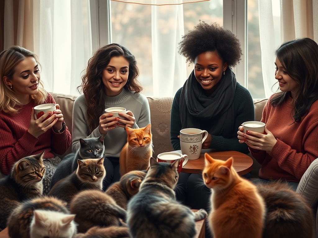 Donne Gattare fiere e sorridenti he bevono cioccolata calda in salotto.