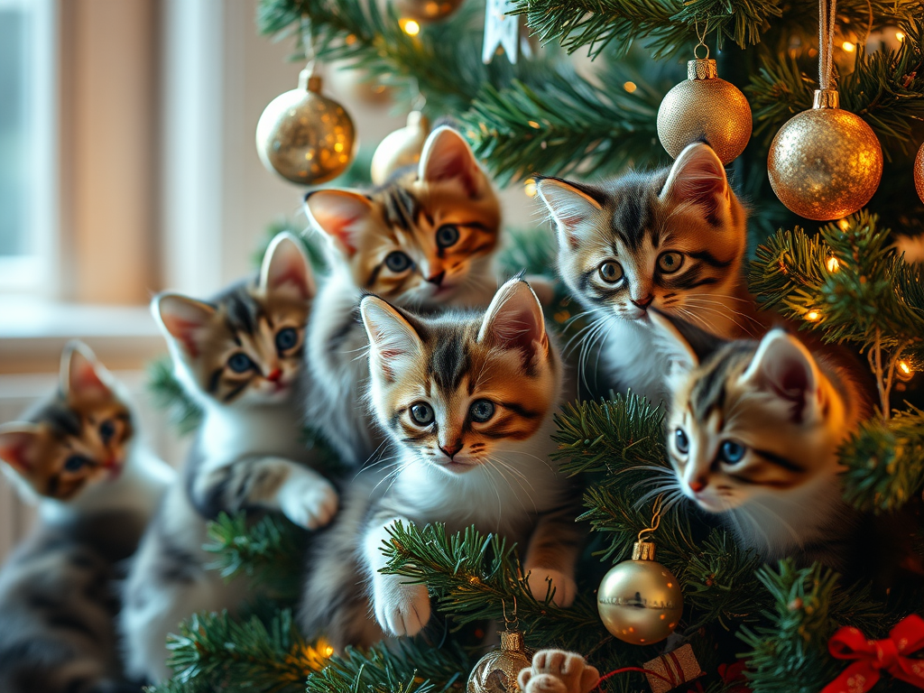 Gattini tra i rami dell'albero di Natale