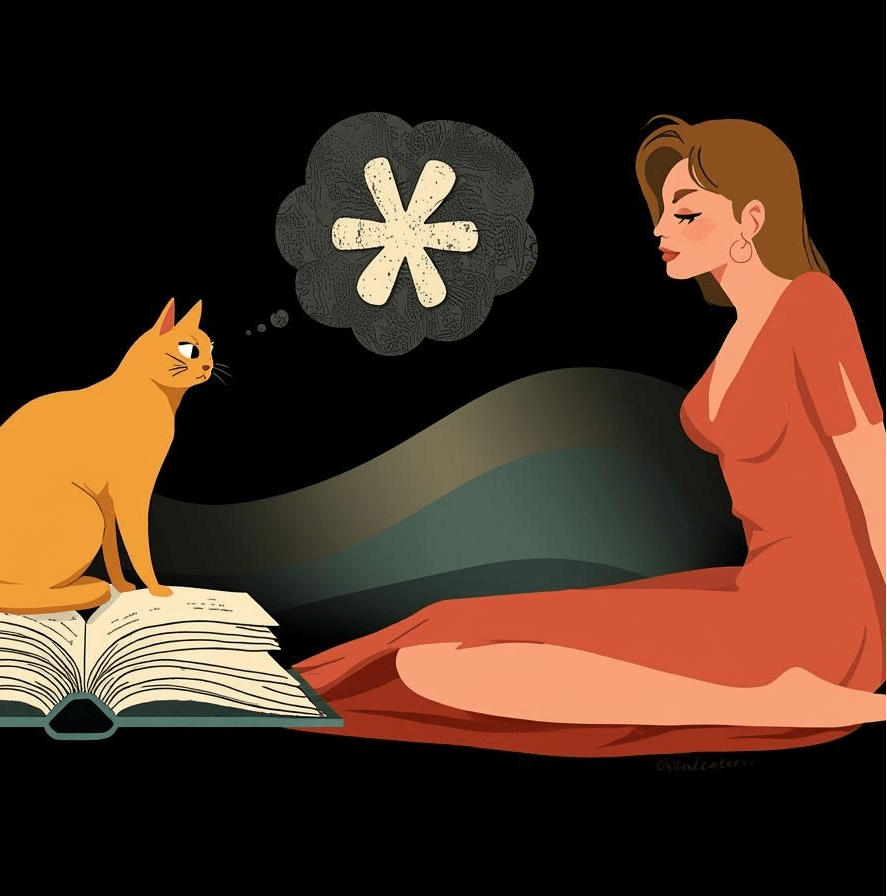 Cosa sono le relazioni con asterisco: donna seduta con un asterisco sopra la testa e un gatto ocra su un libro che la guarda ironico